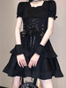 Robe gothique Lolita Op Black Manches courtes Volants à lacets Robe Midi Midi