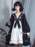 Robe gothique Lolita OP col marin bleu marine manches longues arcs à volants robe une pièce Lolita