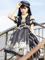 Robe Gothique Lolita Op Manches Courtes Arcs Filets Drapage Latéral Polyester Robe Une Pièce Lolita Noire