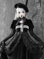 Robe gothique Lolita OP noire à manches longues à volants en polyester dentelle Lolita Jumper Robe une pièce