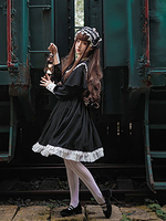 Robe Gothique Lolita OP Robe Florale Motif À Volants À Manches Longues Noire Lolita Une Pièce Robes