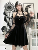 Robe gothique noire Nets boutons col rond manches longues en polyester gothique robe gothique