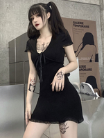 Robe gothique noire pour femmes à manches courtes Robe rétro en polyester