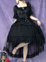 Robe Gothique OP Col Carré Noir Manches Courtes Volants Dentelle Plissée Robe Une Pièce Lolita