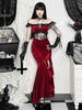 Robe gothique pour femme en dentelle bordeaux à volants et épaules dénudées Robe gothique fendue haute