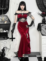 Robe gothique pour femme en dentelle bordeaux à volants et épaules dénudées Robe gothique fendue haute