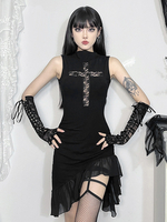 Robe gothique pour femme en dentelle noire à volants et tunique courte en polyester gothique