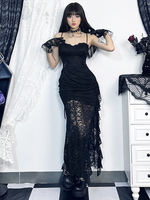 Robe gothique pour femme en dentelle noire à volants et tunique gothique en polyester