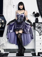 Robe gothique pour femme en dentelle violette tunique gothique en velours robe Hemlibe haute et basse