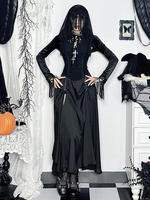Robe gothique pour femme noire à volants et franges tunique gothique en polyester robe longue
