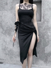 Robe gothique pour femme noire gothique polyester bretelles spaghetti