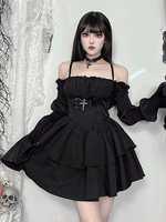 Robe gothique pour femme Robe courte tunique gothique en polyester à volants noirs