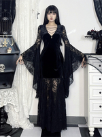Robe gothique pour femme tunique longue en velours gothique avec dentelle et chaînes noires