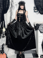 Robe gothique pour femme tunique sexy en polyester à volants noirs et dentelle longue robe