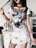 Robe gothique pour femmes noire sexy en coton à manches courtes robe moulante rétro
