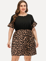 Robe Grande Taille Court Femme Imprimés Léopard à Col Rond avec Manches Courtes Volantes Coupe Cintrée Bicolores Sexy Vêtement Femme Grande Taille