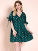 Robe Grande Taille Courte à Col V avec Manches Courte Amples Coupe Cintrée Bas Evasée Bicolores