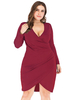 Robe Grande Taille Courte à Col V avec Manches Longues Coupe Cintrée Unicolore Robe Grande Taille