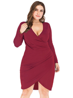 Robe Grande Taille Courte à Col V avec Manches Longues Coupe Cintrée Unicolore Robe Grande Taille