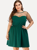 Robe Grande Taille Courte Femme en Mousseline Imprimés à Col Rond avec Manches Courtes Transparentes Coupe Cintrée Bas Evasée Unicolore Sexy Vêtement Femme Grande Taille