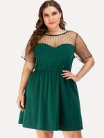 Robe Grande Taille Courte Femme en Mousseline Imprimés à Col Rond avec Manches Courtes Transparentes Coupe Cintrée Bas Evasée Unicolore Sexy Vêtement Femme Grande Taille