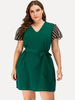 Robe Grande Taille Courte Femme en Mousseline Imprimés à Col V avec Manches Courtes Coupe Cintrée à Lacets Bas Evasée Bicolores Sexy Vêtement Femme Grande Taille