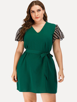 Robe Grande Taille Courte Femme en Mousseline Imprimés à Col V avec Manches Courtes Coupe Cintrée à Lacets Bas Evasée Bicolores Sexy Vêtement Femme Grande Taille