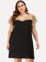 Robe Grande Taille Courte Femme en Mousseline Imprimés à Col V avec Manches Courtes Volantes Transparentes Coupe Cintrée Bas Evasée Bicolores Sexy Vêtement Femme Grande Taille