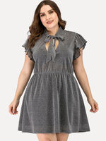 Robe Grande Taille Courte Femme en Paillettes à Col V à Lacets avec Manches Courtes Volantes Coupe Cintrée Bas Evasée Robe de Patineuse Vêtement Femme Grande Taille