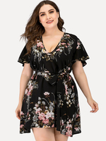 Robe Grande Taille Courte Femme Imprimés Florales à Col V avec Manches Courtes Volante Coupe Cintrée Elastique Bas Evasée Sexy Vêtement Femme Grande Taille