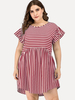 Robe Grande Taille Courte Femme Imprimés Rayures à Col Rond avec Manches Courtes Volante Coupe Cintrée Bas Evasée Sexy Vêtement Femme Grande Taille
