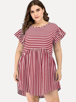 Robe Grande Taille Courte Femme Imprimés Rayures à Col Rond avec Manches Courtes Volante Coupe Cintrée Bas Evasée Sexy Vêtement Femme Grande Taille