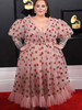 Robe Grande Taille en Mousseline Imprimé Longue avec Manches Courtes Amples Coupe Cintrée Bas Evasée Bicolores Robe Grande Taille
