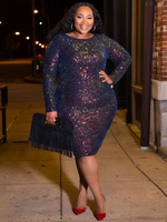 Robe Grande Taille en Paillette Moulante à Col Rond avec Manches Longues Coupe Cintrée Multicolores Robe Eté Sexy
