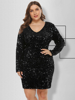 Robe Grande Taille en Paillette Moulante à Col Rond avec Manches Longues Coupe Cintrée Unicolore Robe Eté Sexy