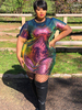 Robe Grande Taille en Paillette Vernis à Col Rond avec Manches Courtes Coupe Cintrée Multicolores Robe Eté Sexy