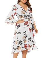 Robe Grande Taille Femme Courte Imprimés Florales à Col V avec Manches Longues Volantes Coupe Cintrée à Lacets Bas Evasée Multicolores Robe Eté Sexy