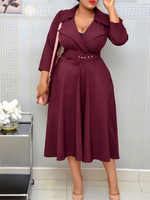 Robe Grande Taille Femme Longue à Col Revers avec Manches Longues Coupe Cintrée Bas Evasée Unicolore