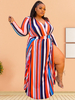 Robe Grande Taille Longue Femme Imprimés Rayures à Col Décolleté en V avec Manches Longues Coupe Cintrée à Lacets Fente Latérale Bicolores Robe Eté Sexy