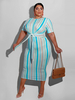 Robe Grande Taille Longue Femme Imprimés Rayures Moulante à Col Rond avec Manches Courtes Coupe Cintrée à Lacets Bicolores Robe Eté Sexy