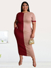 Robe Grande Taille Longue Femme Imprimés Rayures Moulante à Col Rond avec Manches Courtes Coupe Cintrée Bicolores Robe Eté Sexy