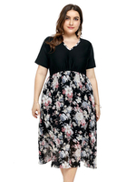 Robe grande taille pour femme à col en V et manches courtes à imprimé floral en polyester longueur au genou Robe dété