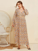 Robe grande taille pour femme abricot clair col en v manches longues imprimé floral Polyester plissé surdimensionné une pièce robe longue