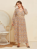 Robe grande taille pour femme abricot clair col en v manches longues imprimé floral Polyester plissé surdimensionné une pièce robe longue
