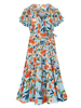 Robe grande taille pour femme bleu ciel clair col en V manches courtes imprimé floral motif polyester robe longue