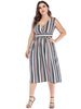 Robe grande taille pour femme bleu col en v manches courtes rayures polyester robe surdimensionnée longueur genou