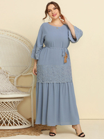 Robe grande taille pour femme bleu gris bijou cou 3/4 longueur manches évasées polyester à lacets longue robe