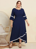 Robe grande taille pour femme bleu marine col bijou manches demi évasées Polyester Applique surdimensionné longue robe une pièce