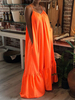 Robe grande taille pour femme Bretelles spaghetti cou sans manches à volants Robe longue surdimensionnée en polyester plissé