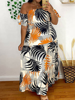 Robe grande taille pour femme Col bateau Manches courtes Robe longue oversize en polyester imprimé floral